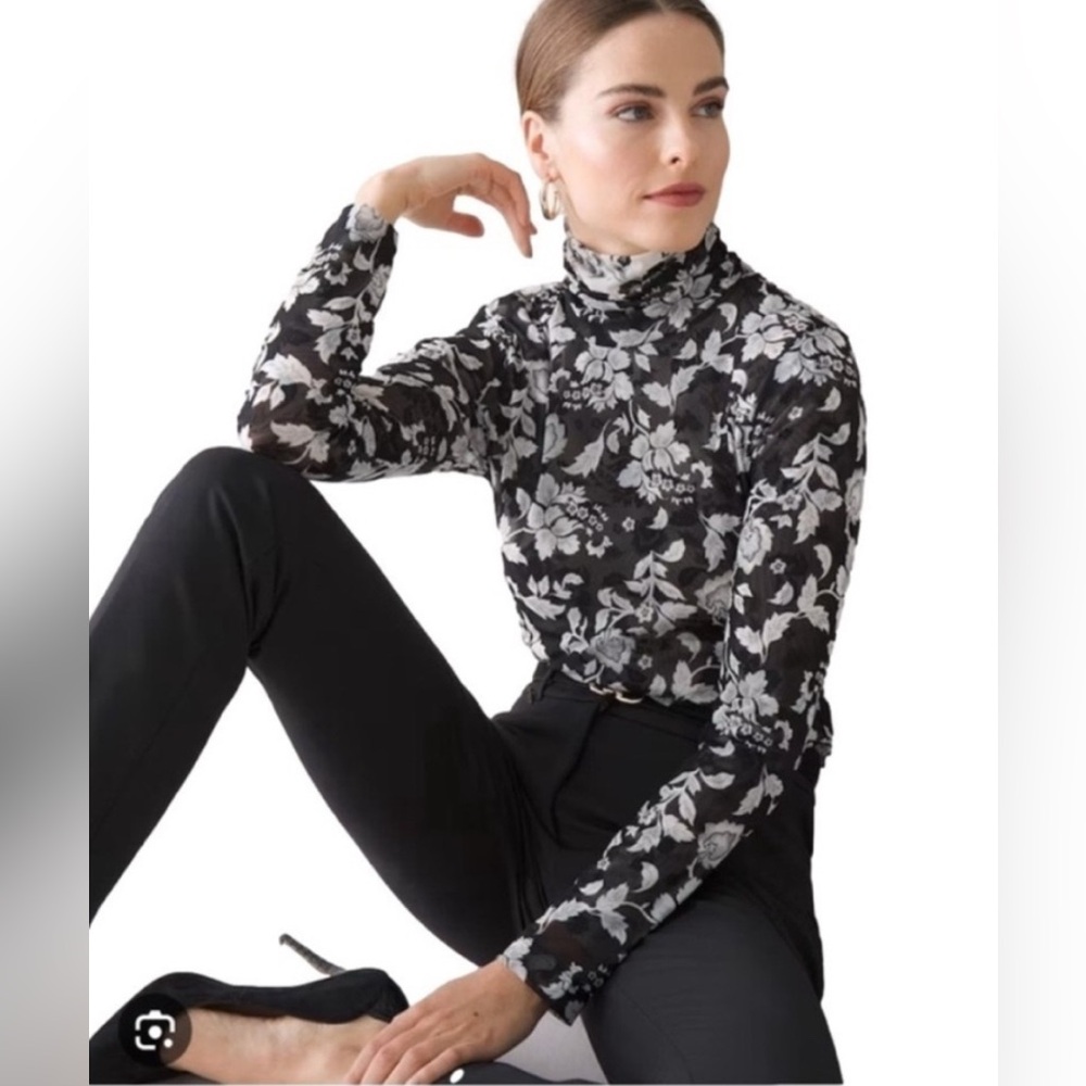 White House Black Market Black White Floral Mesh Turtleneck Top Shirt Blouse
